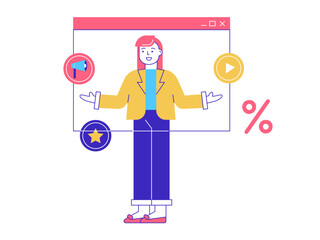 Businesswoman presents business data. Online business illustrations. Flat vector illustration.