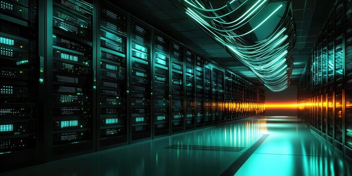 A futuristic server room with neatly arranged racks of servers, connected by glowing cables symbolizing data flow.
