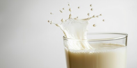 A glass of milk against a plain white background, with a splash of milk frozen mid-air as itâ€™s poured.