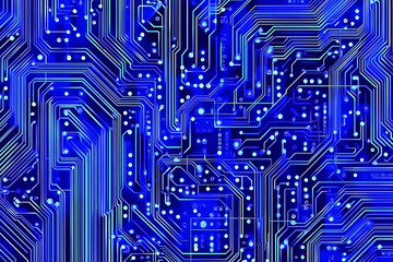 Close-up of a glowing neon circuit board pattern, showcasing intricate lines and electronic pathways in a vibrant blue hue