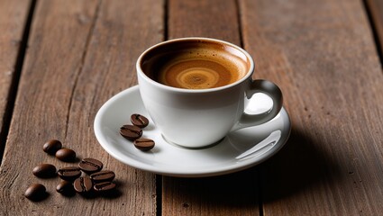 Fototapeta premium single white ceramic espresso cup and saucer placed on a rustic wooden table. The espresso cup is filled with a rich, dark brown coffee, topped with a light layer of crema