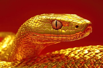 Fototapeta premium Close-Up of a Golden Snake's Head with a Red Background