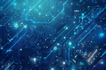 Close-up of a glowing neon circuit board pattern, showcasing intricate lines and electronic pathways in a vibrant blue hue
