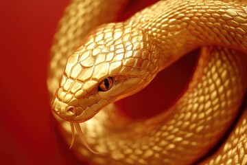 Fototapeta premium Close-up of a Golden Snake with a Red Background