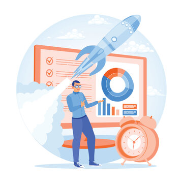 Businessman analyzing workflow processes. Perform project initiation and closure. Project implementation concept. Flat vector illustration.