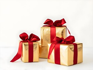 Obraz premium Golden Gifts and Gift Boxes with Red Ribbon Wrapping, Elegant Holiday or Celebration Presents with Festive Wrapping and Ribbon Accents