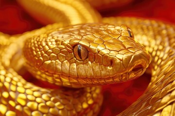 Obraz premium Close-up of a Golden Snake with a Focused Eye