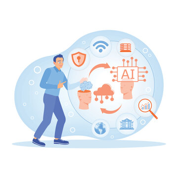 Man with AI automated chatbot. Improve workflow processes. Project implementation concept. Flat vector illustration.