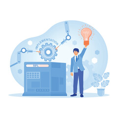 Businessman with an industrial robot. Men apply manufacturing process innovation. Project implementation concept. Flat vector illustration.