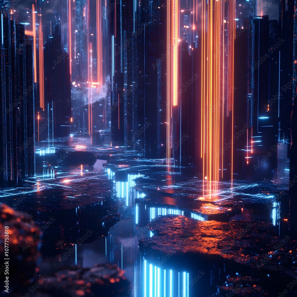 Poster 20. a high-tech 3d environment with holographic floating elements, glowing edges, and vertical space