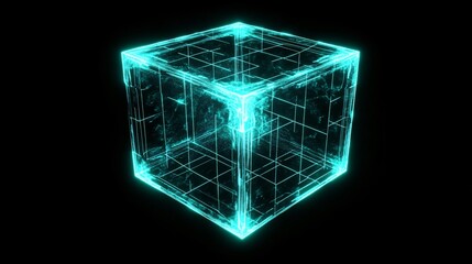 Glowing Cyan Cube in Black Background