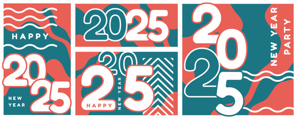 2025 typography cover, New Year 2025 modern art design set in blue green colors for cover, card, poster, banner. Mobile