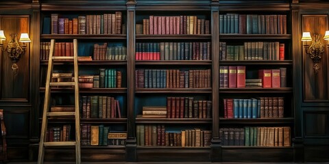 Classical library room with old books on shelves. Bookshelves in the library. Large bookcase with lots of books.