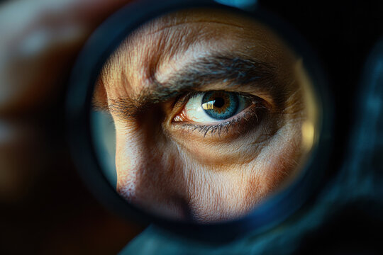 Close-up of a male eye peering through a magnifying glass, emphasizing detail and intensity in the gaze.