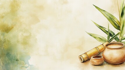 A serene watercolor composition featuring pottery and bamboo, evoking a peaceful atmosphere. Tamil Thai Pongal Day	

