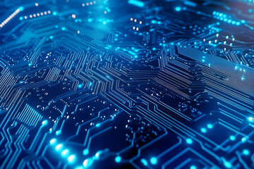Close-up of a glowing neon circuit board pattern, showcasing intricate lines and electronic pathways in a vibrant blue hue
