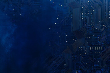 Close-up of a glowing neon circuit board pattern, showcasing intricate lines and electronic pathways in a vibrant blue hue