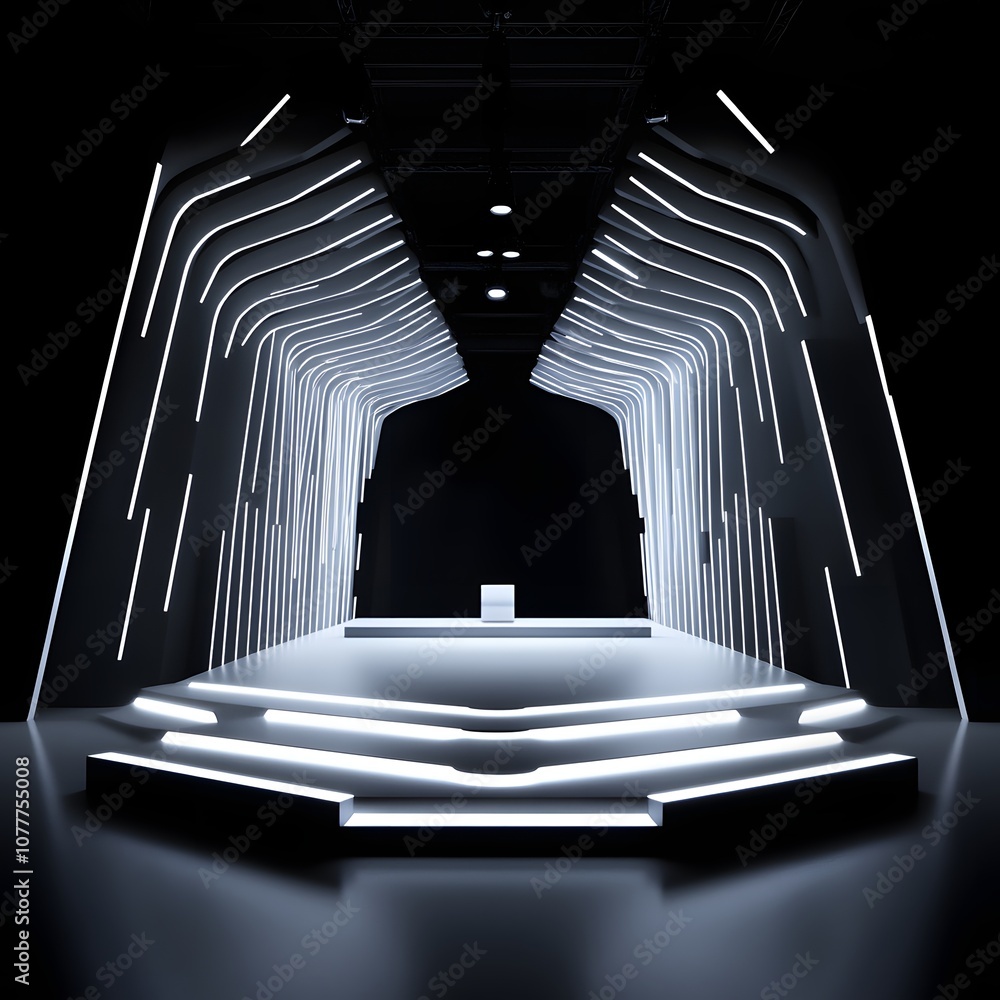 Poster 24. a futuristic 3d stage with dynamic lighting, rotating geometric forms, and an open space for a p