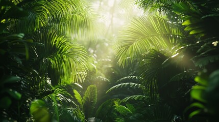 Sunlight penetrates the dense vegetation of the tropical rainforest canopy, creating a lush layer of green plants. Capturing the beauty and tranquility of nature in the pristine rainforest environment