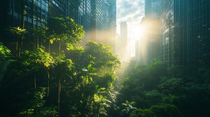 Obraz premium Sunlight penetrates the dense vegetation of the tropical rainforest canopy, creating a lush layer of green plants. Capturing the beauty and tranquility of nature in the pristine rainforest environment