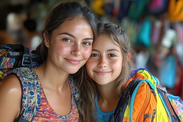 Fototapeta premium a mother lovingly preparing her teenage daughter for school surrounded by bright backpacks and school supplies capturing a tender moment filled with familial love and support