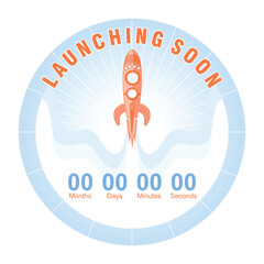 Banner with flying rocket and countdown. New business launch advertisement. Time to launch concept. Flat vector illustration.