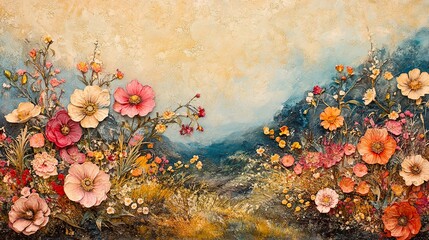Vibrant Floral Landscape with Mountain View: A Textured Painting of Blooming Flowers