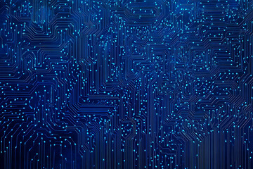 Close-up of a glowing neon circuit board pattern, showcasing intricate lines and electronic pathways in a vibrant blue hue