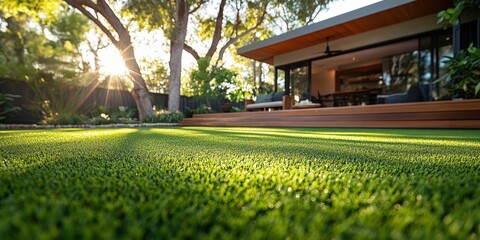 Obraz premium modern home with a backyard with artificial grass