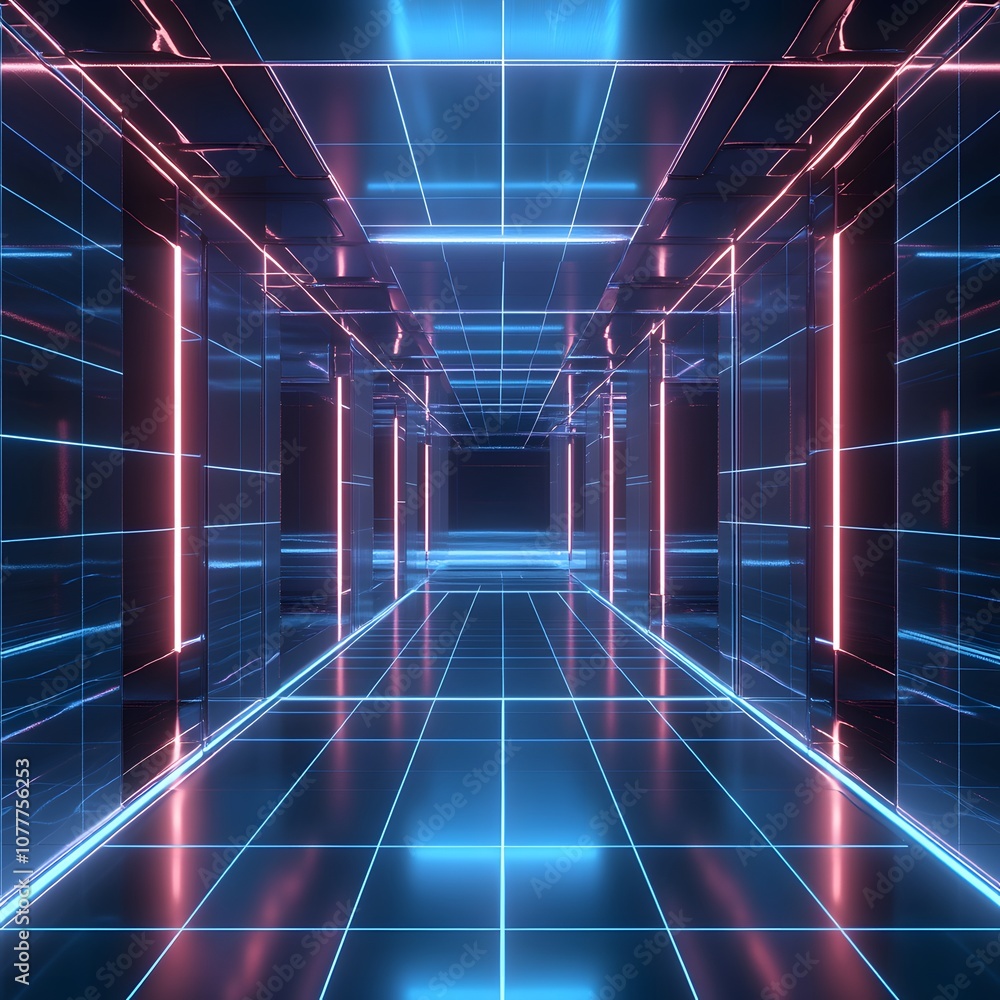 Poster 2. a futuristic 3d stage with rotating digital grids, soft glowing edges, and a large empty area for