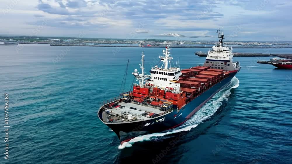 Poster bulk carrier ship sailing smoothly towards the sea port generative ai