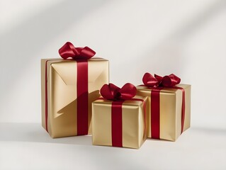 Obraz premium Golden Gifts and Gift Boxes with Red Ribbon Wrapping, Elegant Holiday or Celebration Presents with Festive Wrapping and Ribbon Accents