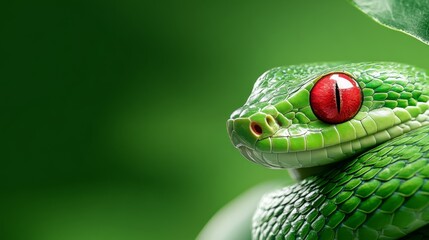 Fototapeta premium Close-up view of a striking green snake with red eyes resting on a leaf in a vibrant green environment