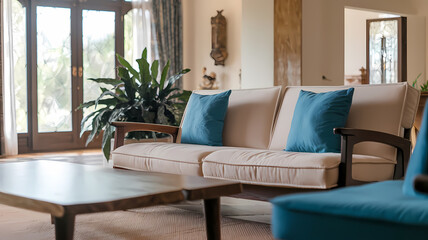 Cozy living room with a beige sofa adorned with blue cushions, a wooden coffee table, and lush indoor plants, creating a warm and inviting atmosphere. Natural light floods the space.