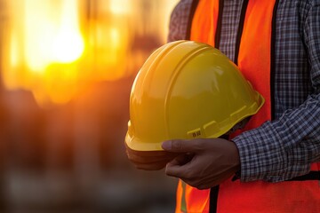 Fototapeta premium Close-up of construction worker holding yellow hard hat with blurred site background