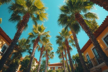 a picturesque view of palm trees swaying gently under a bright blue sky evoking the essence of a tropical paradise inviting relaxation and a sense of escape to natures beauty