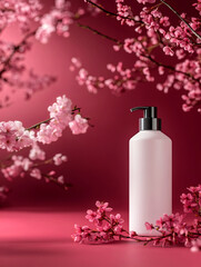 minimalist white lotion pump surrounded by pink cherry blossoms creates serene and elegant atmosphere. soft colors and floral elements evoke sense of calm and beauty
