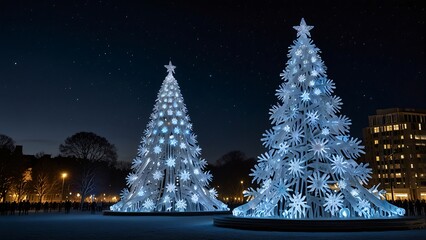 Illuminated Christmas Trees in Snowy City Square at Night