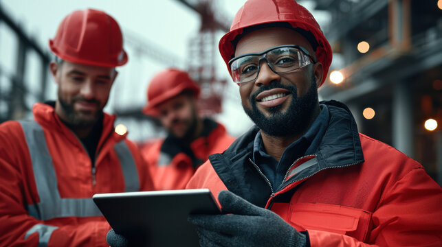 Group of civil engineers in safety gear using digital tablet on site. Their teamwork and focus highlight importance of technology in construction