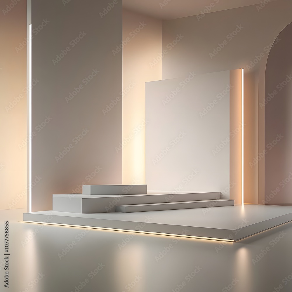 Poster 8. a minimalist 3d display with clean lines, soft light gradients, and a large open space for a prod