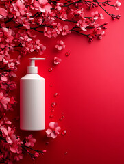white hand soap pump bottle surrounded by pink cherry blossoms on vibrant red background creates fresh and inviting atmosphere