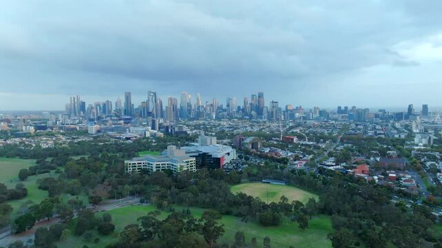 Melbourne Royal Children hospital aerial view Victoria Australia overlooking Royal Park and CBD Sports Medicine Australia City skyline