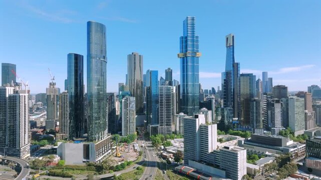 Melbourne Australia 108 vic city CBD skyline overlooking a freeway skyscraper apartments aerial view high-rise buildings World Class City link Transurban 120 Collins Rialto West Side Place Tower A