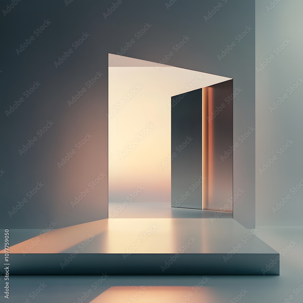 Poster 8. a minimalist 3d display with clean lines, soft light gradients, and a large open space for a prod