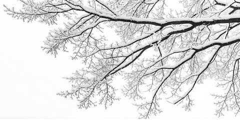 Tree branches covered with snow in winter, close-up, background