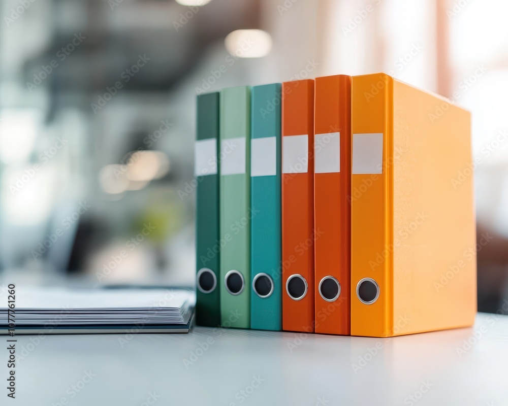 Poster a neat row of colorful binders on a desk, showcasing organization and a modern workspace environment
