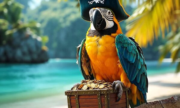 A parrot wearing a pirate hat sits on a treasure chest full of gold coins. The parrot is against a backdrop of a tropical beach with palm trees and blue water.