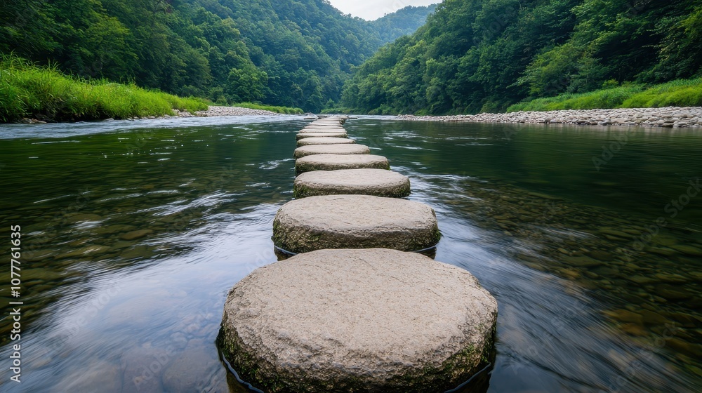 Poster a serene river scene with stepping stones creating a path through the water, surrounded by lush gree