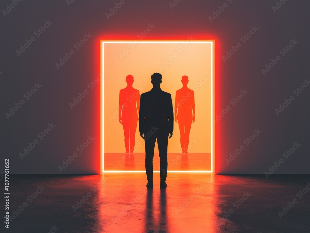 Poster a silhouette stands before a glowing rectangular frame, with shadowy figures in the background, crea