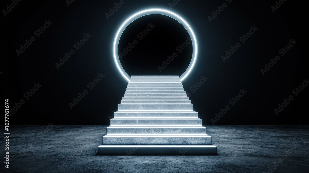 Poster a glowing staircase leads to a circular portal, creating a mysterious and futuristic atmosphere agai